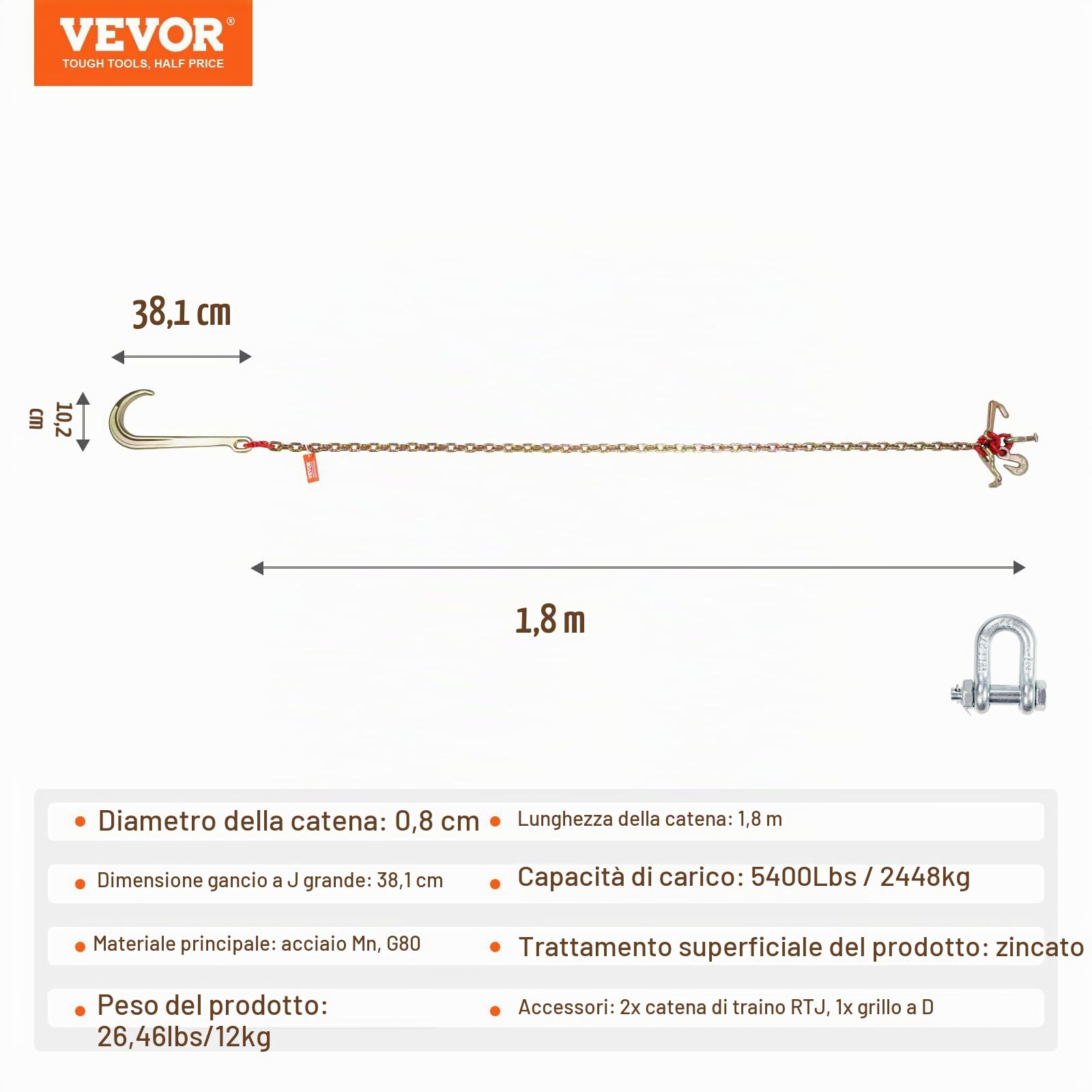VEVOR Catena da Traino con Gancio a J a Stelo Lungo, 2 Pezzi, Catene per Rimorchio Grado 80 con Gancio RTJ, 8 mm x 180 cm, Capacità Carico max. 2448 kg, per Guasti, Trasporto, Carro Attrezzi, Camion