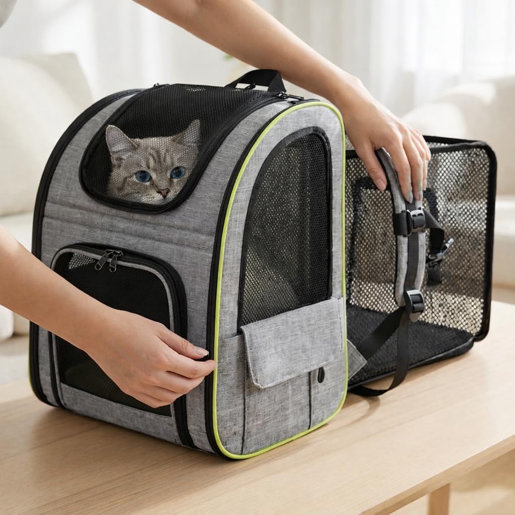 Mochila Gato y Perro de hasta 8kg Incluye Bebedero portátil – Mochila para Gatos Transporte y Perros pequeños con ventilación,