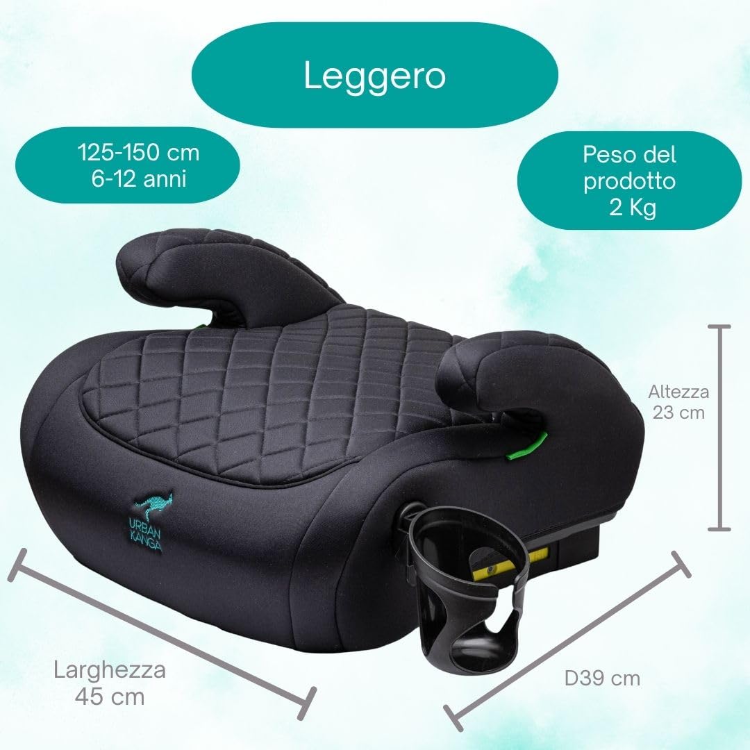 Urban Kanga Wombat Plus Rialzo Auto ISOFIX 125-150 cm i-Size R129 | Con portabicchieri, guida cintura e seduta imbottita