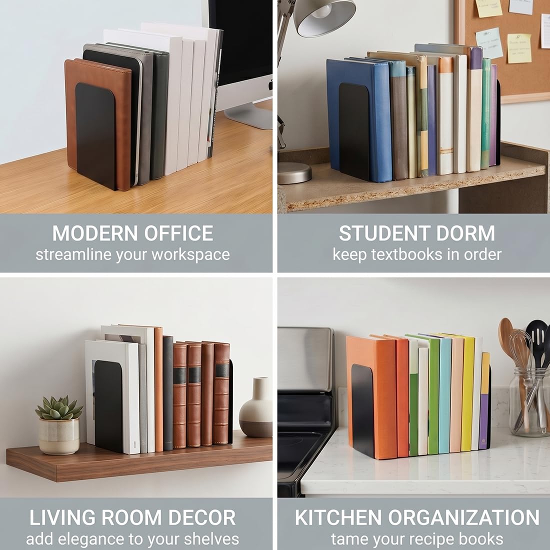 Fermalibri in metallo nero 17 x 12 x 11,8 cm antiscivolo 6 pezzi per libreria