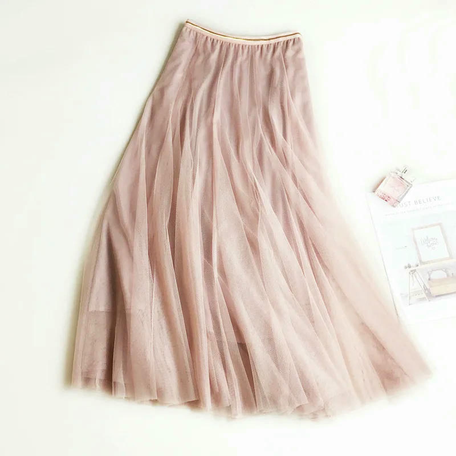 Gonna Estiva Gonna A Rete da Donna Estiva Tinta Unita A-Line-Grigio-Taglia Unica （Vita 60-75 cm, Lunghezza Gonna 82 cm）
