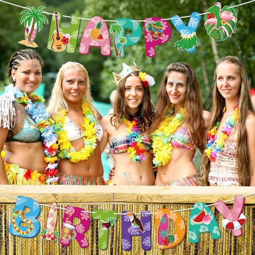 Image of Hooqict Happy Birthday Banner Hawaiian Birthday Decorations Colorful Hawaii Party Banner Garland Sign for Summer Tropical Hawaiian Luau Party Decorations