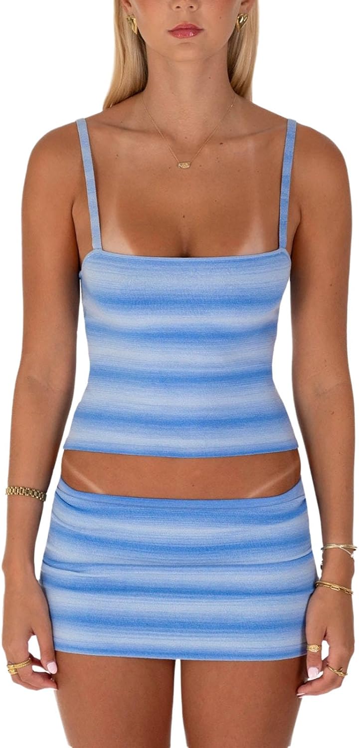 Women 2 Piece Outfits Sexy Stripes Sleeveless Spaghetti Strap Tank top Mini Skirt Beach Vacation Sets for Women