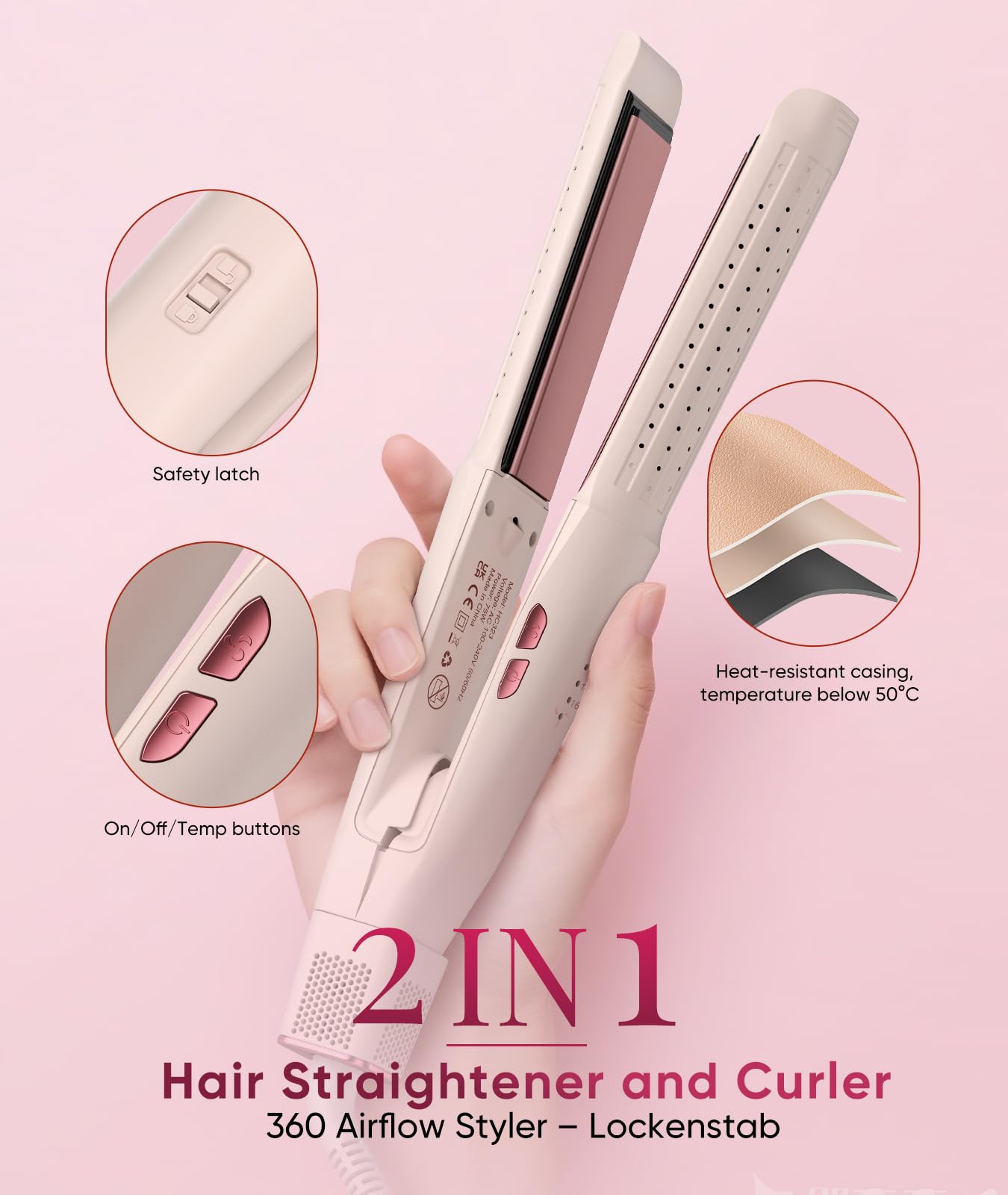2 in 1 Glätteisen Locken und Glätten,Haarglätter Lockenstab,4 Temperaturstufen (160°C-220°C),360°Kaltluftfunktion,Negativ-Lonen-Beschichtung,für alle Haartypen,Stärkeres Haar,Mehr Glanz