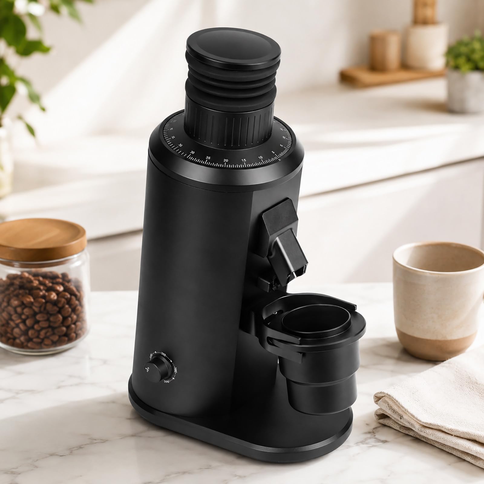 Molinillo de Café Barista 80 mm - Molinillo para Espresso con Muelas Planas, Velocidad Variable, Tolva Monodosis y Horquilla Portafiltro Black