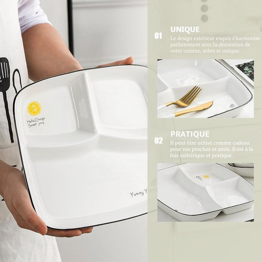Assiette à petit-déjeuner en céramique avec compartiments – Assiette triple de 25,4 cm pour adultes, assiette divisée en porcelaine pour la maison, les restaurants, les hôtels