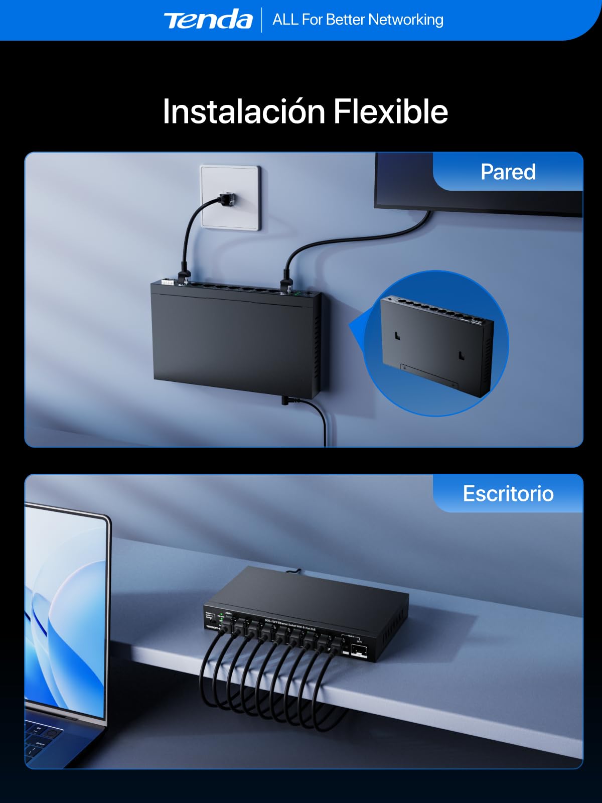 Tenda Switch PoE 8 Puertos PoE+, 1 Puerto Gigabit Uplink, 1 Puerto SFP, Presupuesto PoE 110 W IEEE 802.AF/at, VLAN, Alcance PoE de hasta 250 m, Sin Ventilador, Carcasa Metálica(TEG1110PF-8-120W)