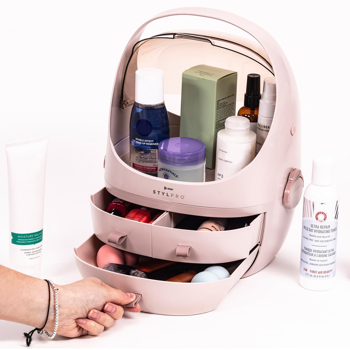STYLPRO Beauty Storage Podlette, Kosmetik & Hautpflege Organizer mit 3 Schubladen, abnehmbarem Deckel, staubdichter Abdeckung & Reisegriff für Kommode, Schlafzimmer Rose 25x23x32cm