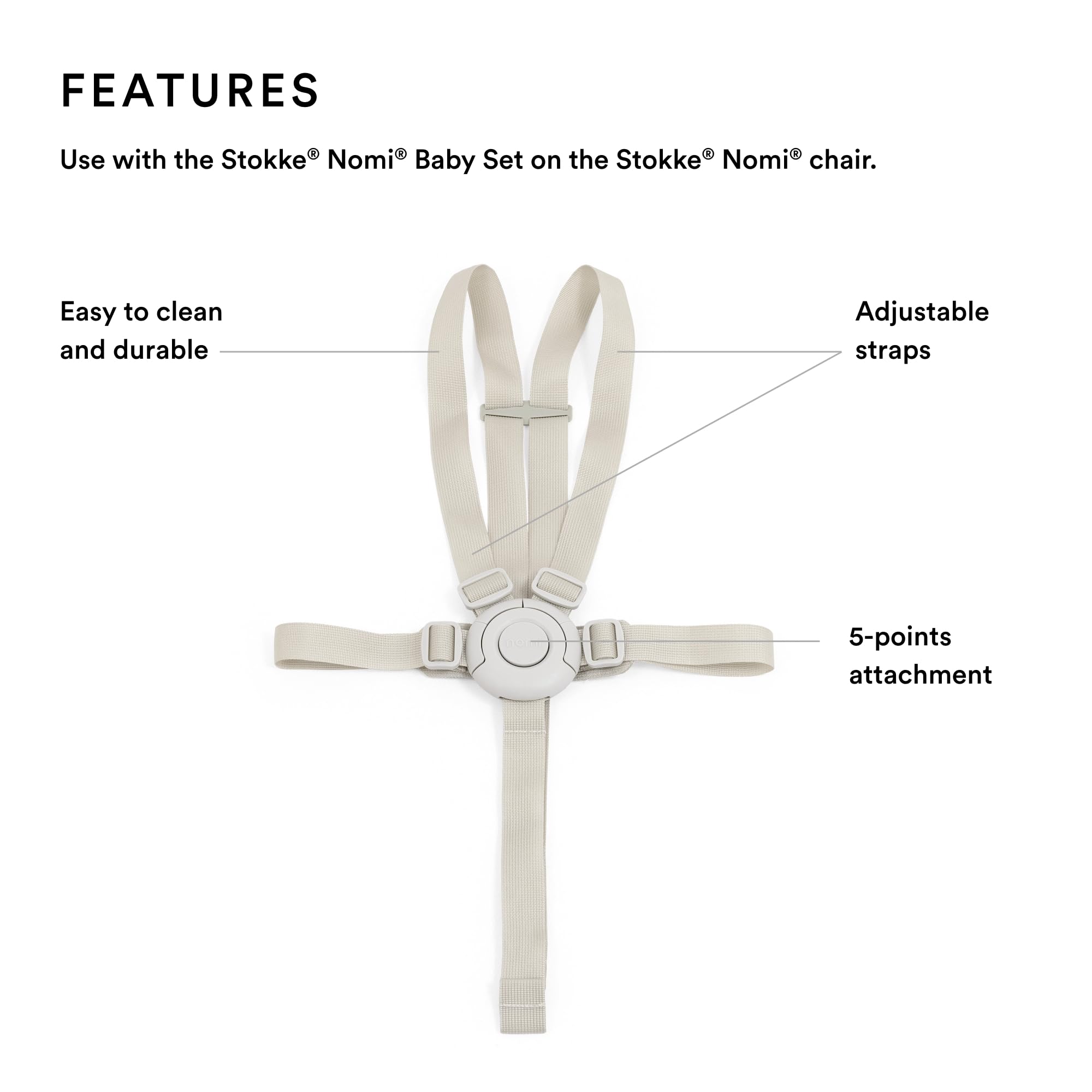 Stokke Harness for Nomi, Beige - for Use on The Stokke Nomi Baby Set on The Stokke Nomi Chair - Easily Adjustable, Machine Washable - Image 2