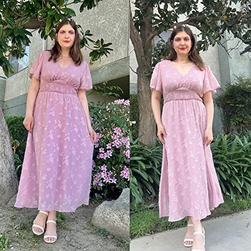 Image of Simplee Women's Plus Size Wedding Guest Dress Short Sleeve Flowy Fall Floral Maxi Dress Boho Maternity Dress for Photoshoot (2XL Pink)