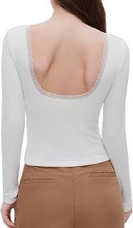 Backless Going Out Tops for Women Fitted Long Sleeve Double Layer Lace Shirts