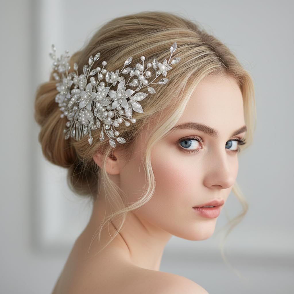 Crystal Bride Wedding Hair Comb Pearl Flower Bridal Hair Piece Hair Accessories for Women and Girls - Image 3