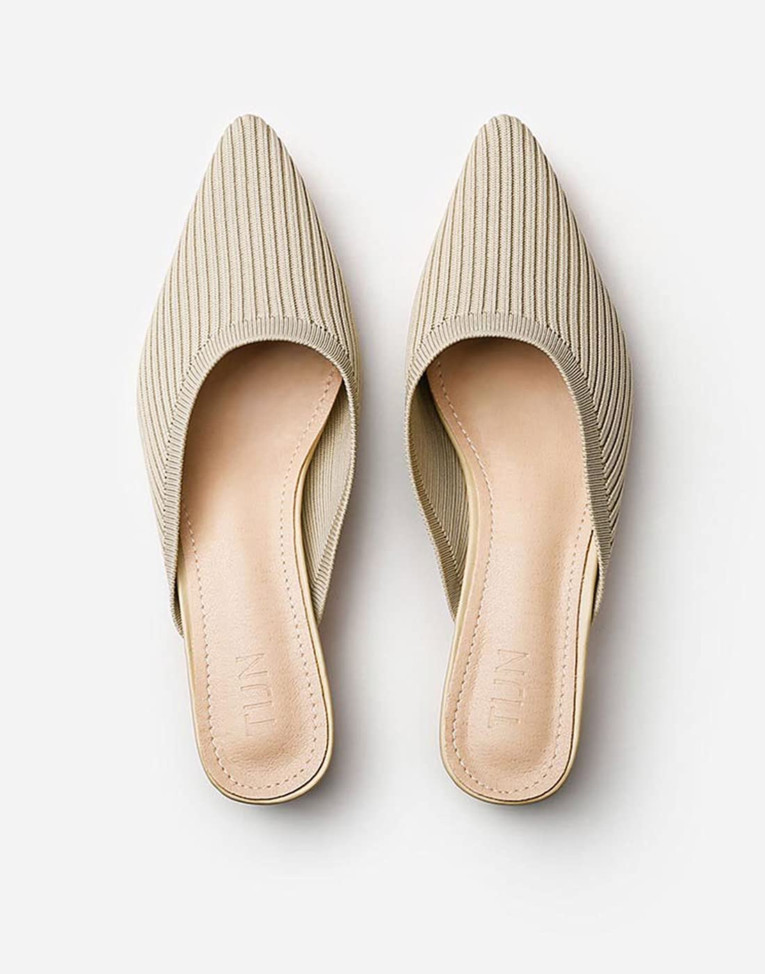 TIJN Pointed Toe Mules for Women Chunky Sandals Low Heeled Sandals Breathable Mesh Knit Slip on Flat Shoes(Helka) Cream