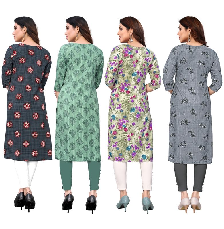 Image of JAKHANA Women's Crepe Printed Casual Straight Calf Length Round Nick Kurta Pack of 4