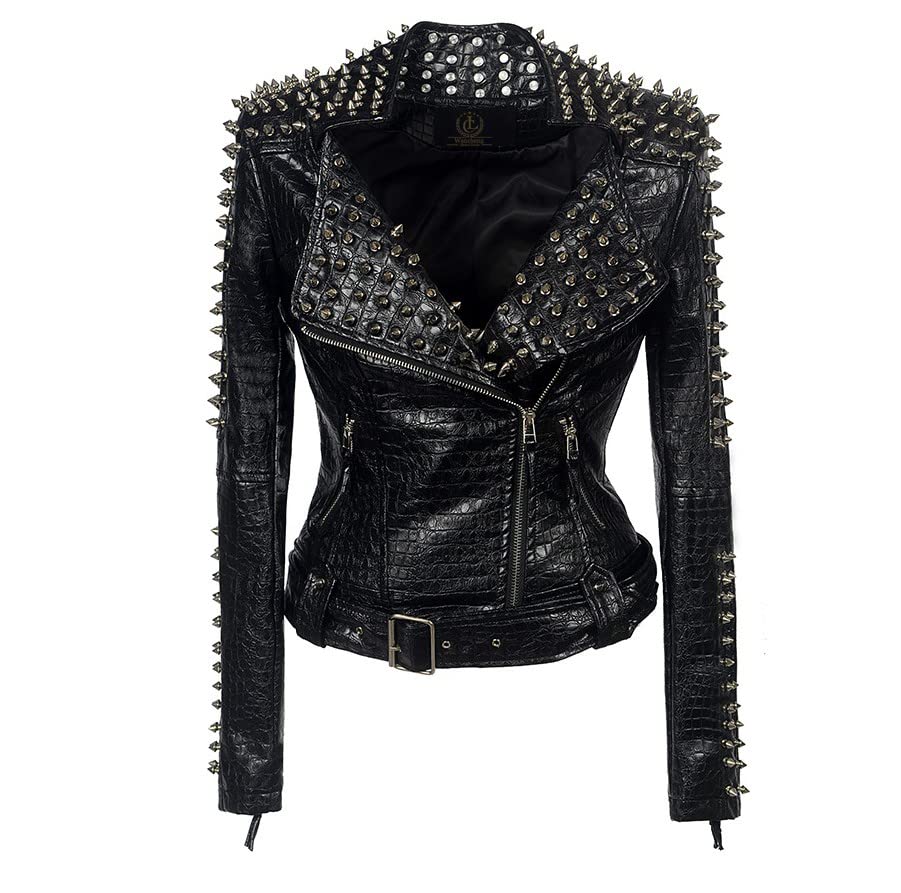 Women's Classic Retro Clinch Bolt Black Leather Jacket Fashion Lapel Casual Jacket Motorola Jacket