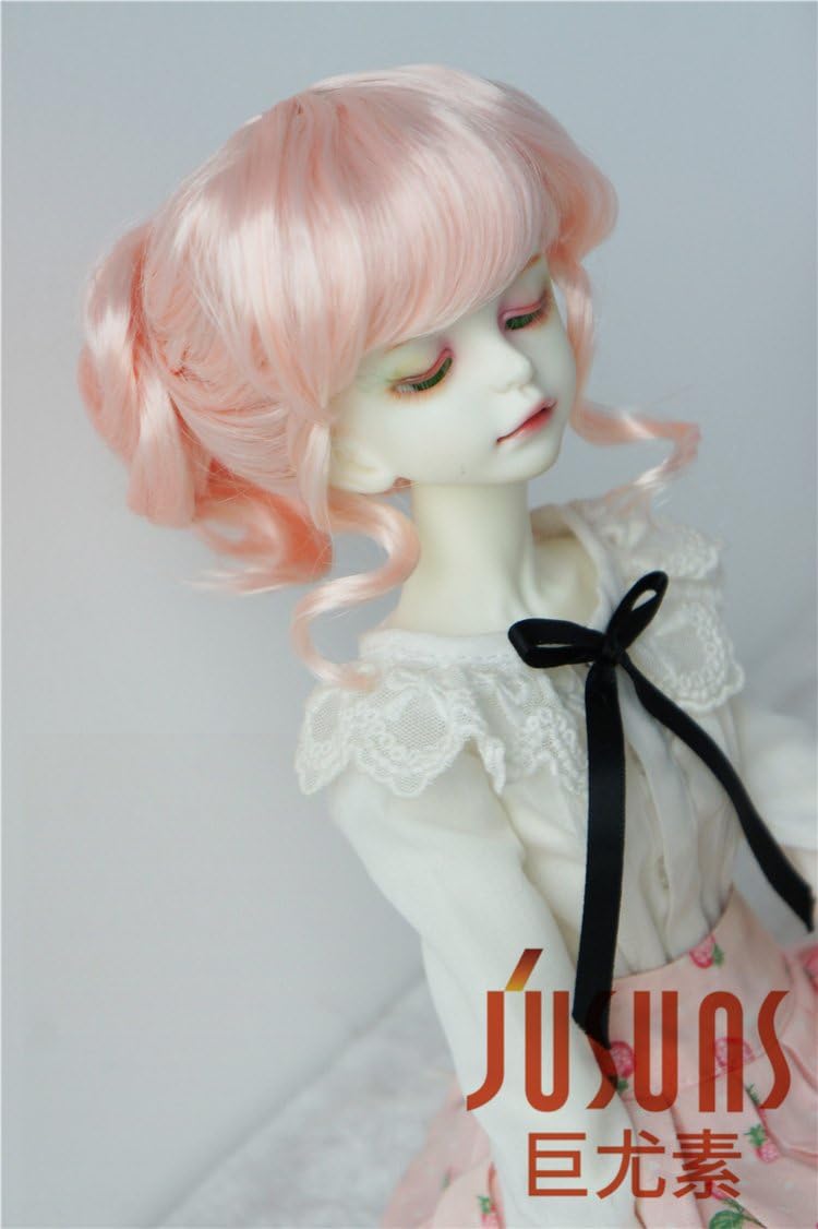 JD261 7-8inch 18-20CM 1/4 Wave Pony BJD Doll Wigs MSD Synthetic Mohair Doll Hair (Light Pink)