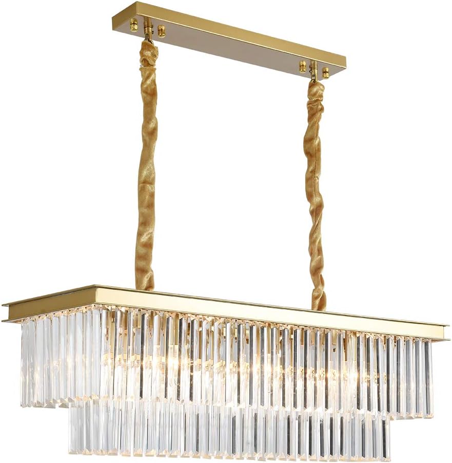 Lingkai Modern Rectangular K9 Clear Crystal Chandelier Gold Pendant Ceiling Light Fixture Island 8-Light Hanging Lamp for Dining Room Living Room Kitchen