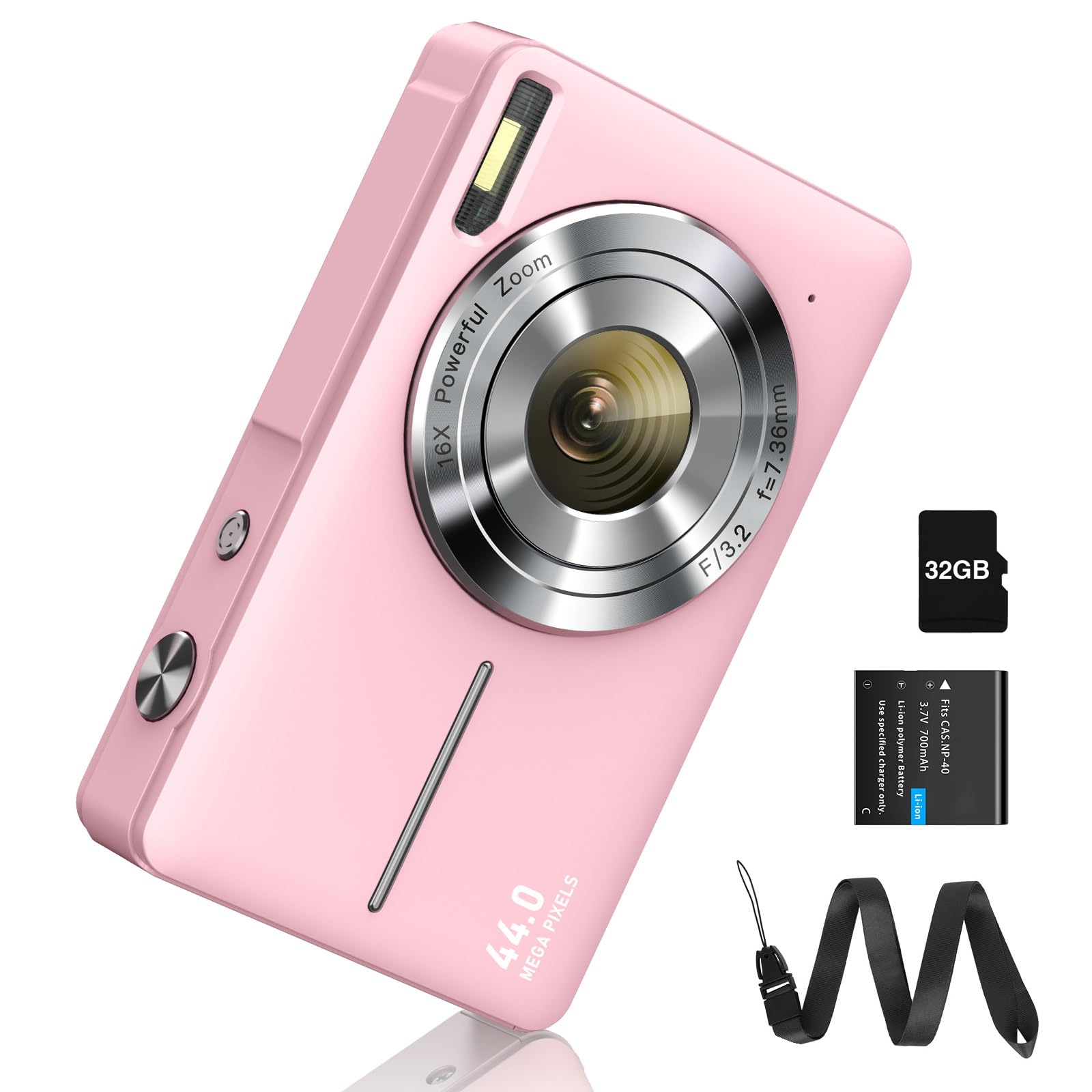 Digitale camera, FHD 1080p, 44MP, fotoapparaat met 32G-kaart, 16x digitale zoom, digitale camera met batterij, draagbare eenvoudige digitale camera voor kinderen, studenten, tieners, beginners