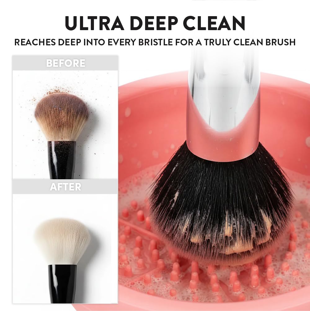 ÉCLAT Electric Makeup Brush Cleaner Machine, Remove Residue on Brush, Sponge, Powder Puffs, Cosmetic Tool Cleaner, No Batteries Needed, Portable Spinning Washer Saves Cleanser Solution (White/Pink)
