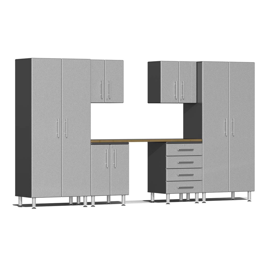 Ulti-MATE UG24072S 7-Piece Garage Cabinet Kit with Bamboo Worktop in Stardust Silver Metallic
