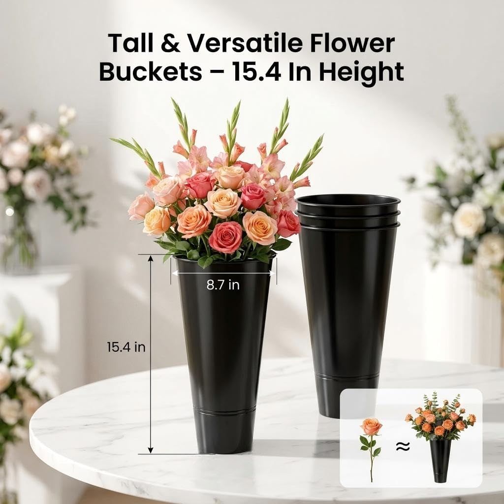 16 PCS Flower Buckets 15.4 Inch Plastic Floral Bucket for Cut Flowers, Modern Round Plastic Vases Flower Display Buckets for Table Home Wedding Decorations