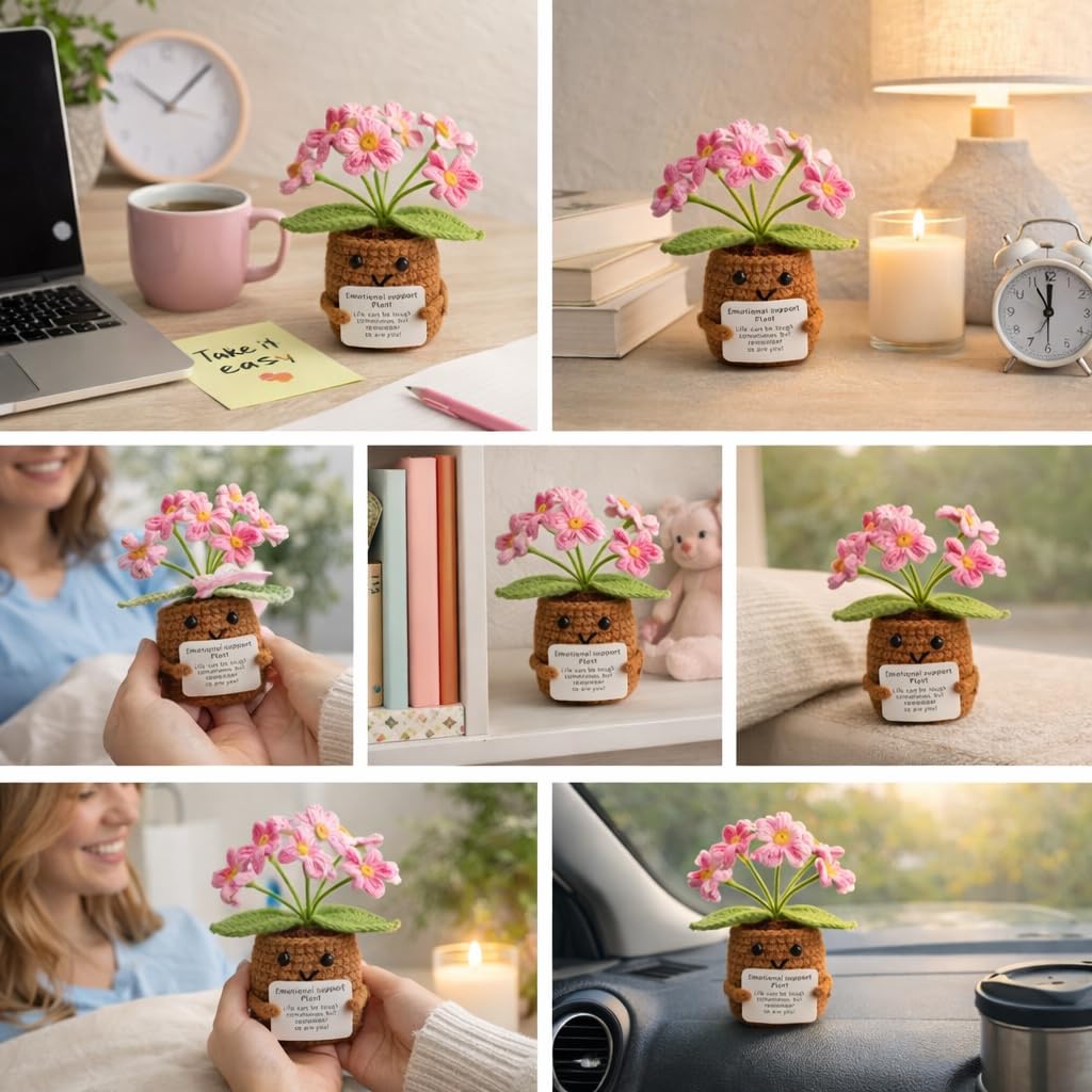 Vendola 12CM Height Valentine’s Day Emotional Support Crochet Flower Plant, Handmade Cute Desk Decor with Positive Message, Aesthetic Gift for Home, Office, Loved Ones, Couples & Car (Wild Pink White) 4