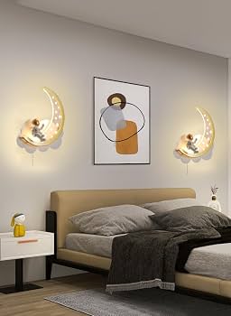 Applique Murale LED avec Interrupteur Tactile 12W Lampe de Chevet Dimmable Moderne Lampe Murale Interieur avec Prise Astronaute Lumière murales Chambre D'enfant Salon Garçon Fille Veilleuse (Blanc