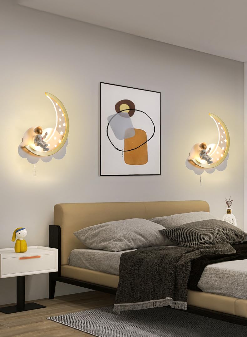 Aplique Pared LED Regulable con Interruptor Lámpara de Pared Nubes Interior LED para Habitación Infantil Luces de cabecera Astronauta Luna Luz de Pared Con Enchufe y Cable Dormitorio Regalos Niños
