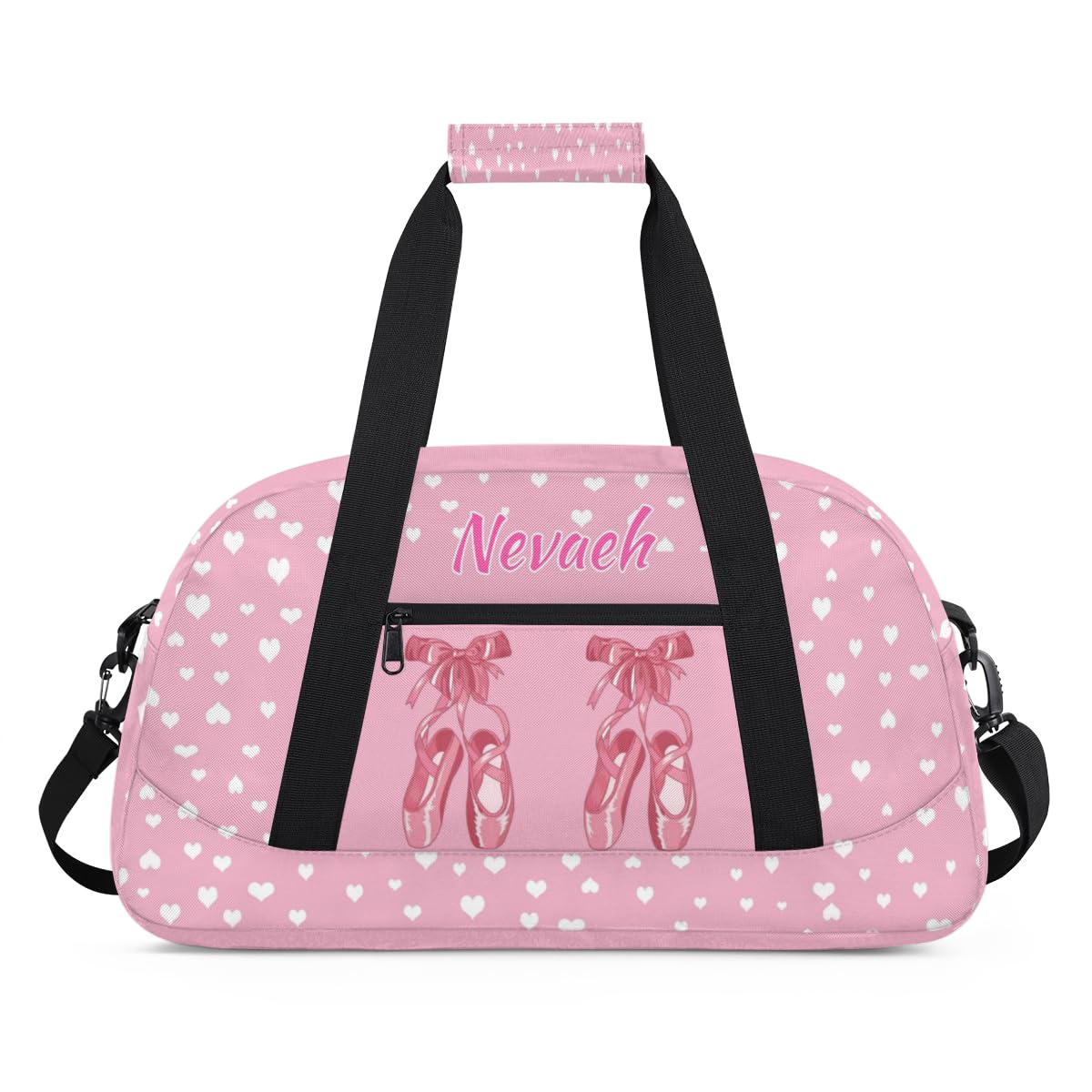 Personalized Dance Duffle Bag for Women Girls, Custom Duffel Bag Toddler Workout Gym Bag, Pink Ballet Shoes with White Love Hearts Pattern, Pink