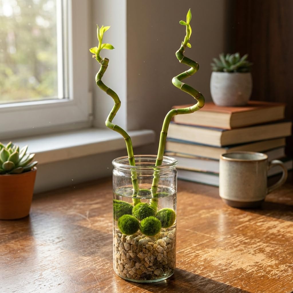 vdvelde․com - Lucky Bamboo 2 steli in vaso di vetro, pianta vera | Dracaena sanderiana con sassolini e 5 palline di muschio che mantengono limpida l'acqua, altezza 40-45 cm