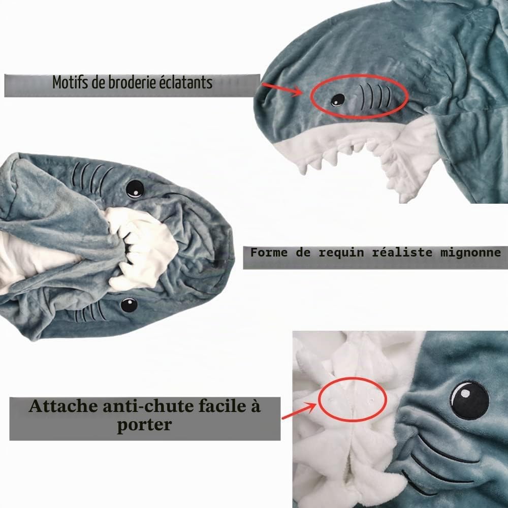 Couverture à capuche en flanelle avec motif queue de requin pour adulte - Sac de couchage en polaire super douce - Costume de cosplay pour adulte