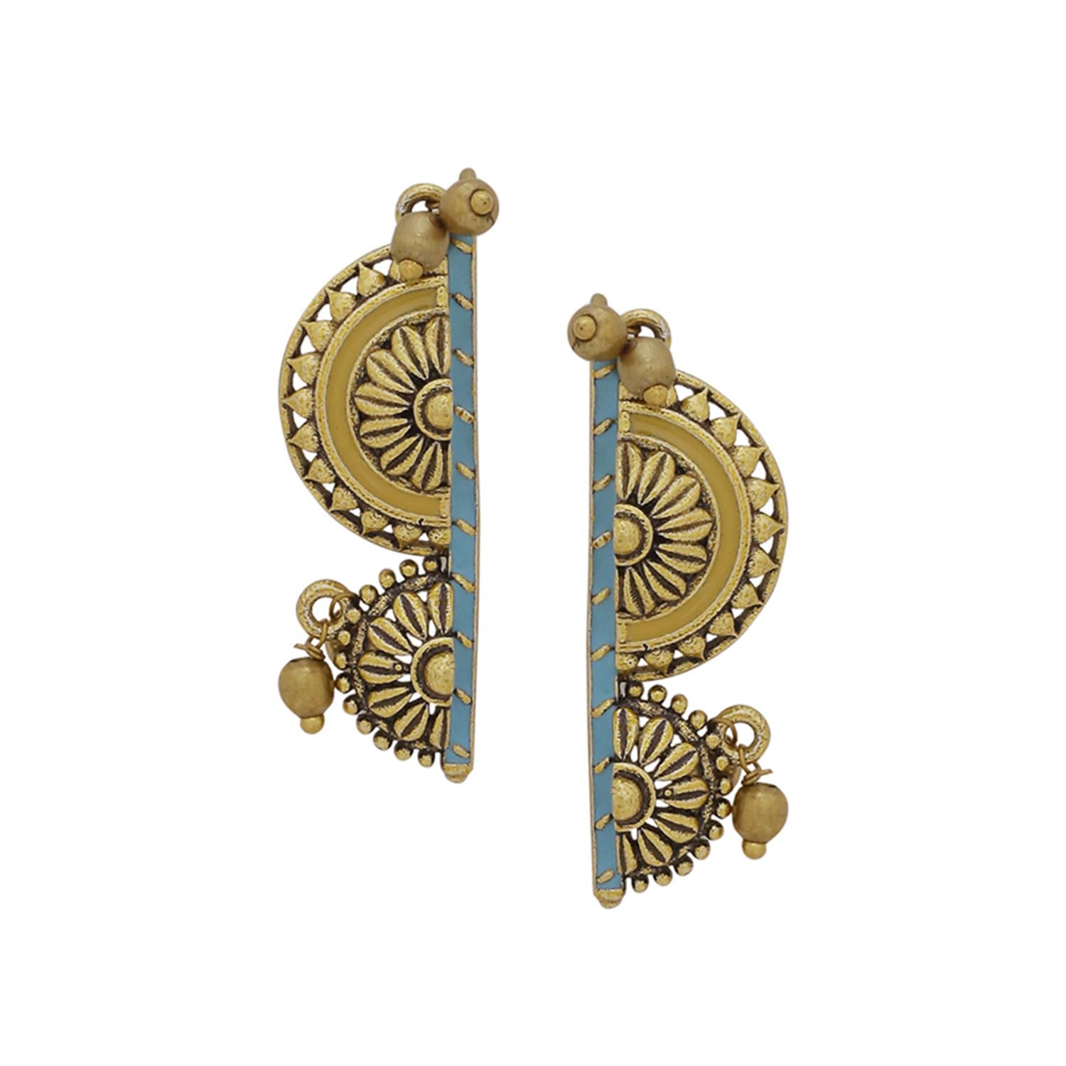 Sponsored Ad - Oxidised Gold Plated Brass Half Circles Traditional Style Earrings for Women and Girls with Turquoise Blue Detailing