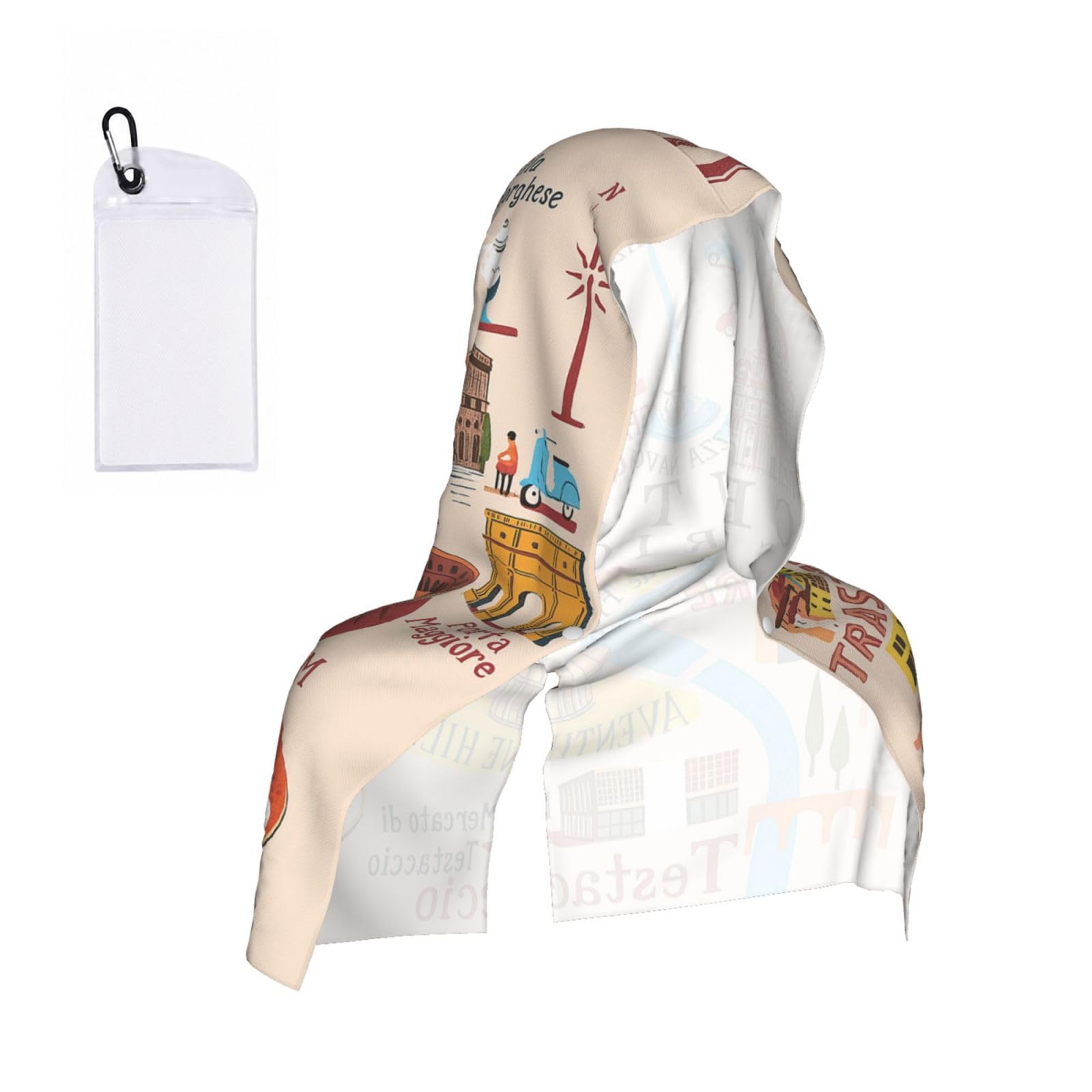 DUWAA Rome Map With Landmarks Illus Print Cooling Hooded Sports Towel, 30×60cm Quick Drying Summer Cool Head Wrap For Neck And Face