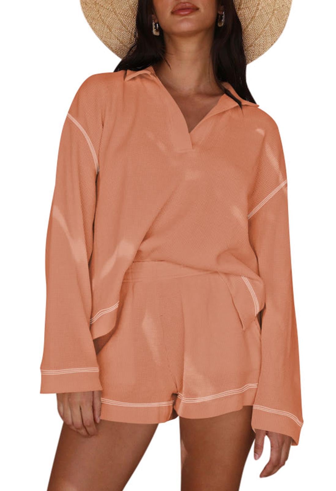 Pink Queen Women's 2025 Fall Casual Waffle Knit Long Sleeve Lounge Sets Casual Top and Shorts 2 Piece Outfits Sweatsuit