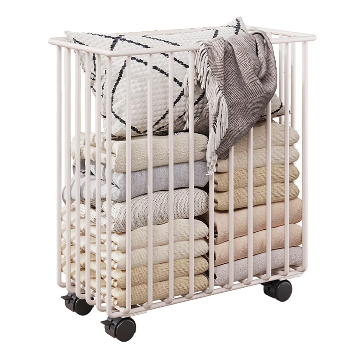 Cesto portabiancheria con Ruote, Carrello portabiancheria in Metallo, Contenitore per Vestiti o Biancheria, Contenitore per Soggiorno, Bagno, Armadio o Camera dei Bambini (Bianco)