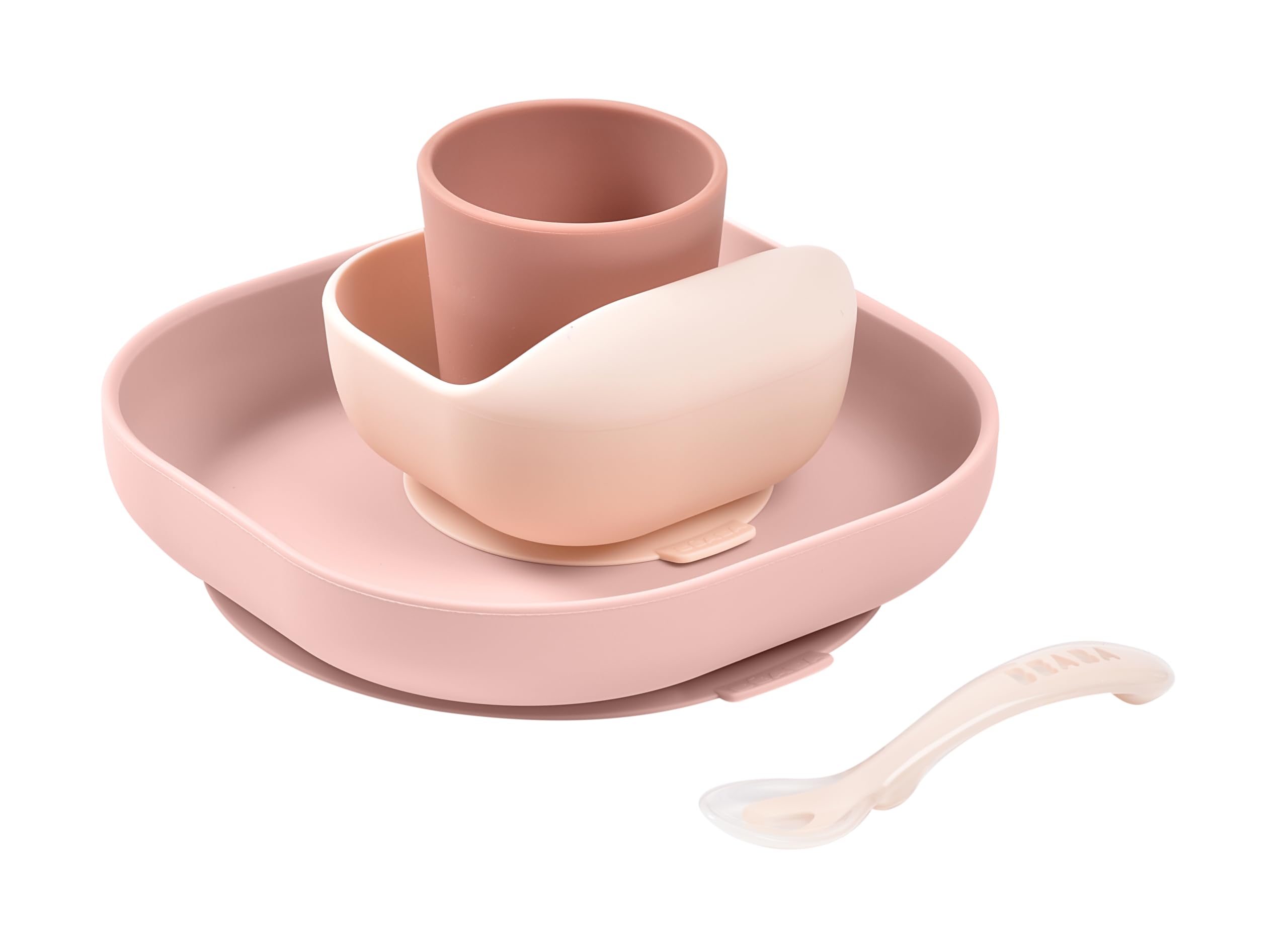 BÉABA, Baby-Essensset aus Silikongeschirr, Mit Saugnapf, Rutschfest, 4 Teile, Teller + Schüssel + Glas + Löffel, Gesundes und nachhaltiges Silikon, Spülmaschinenfest, Mikrowellengeeignet, Rosa