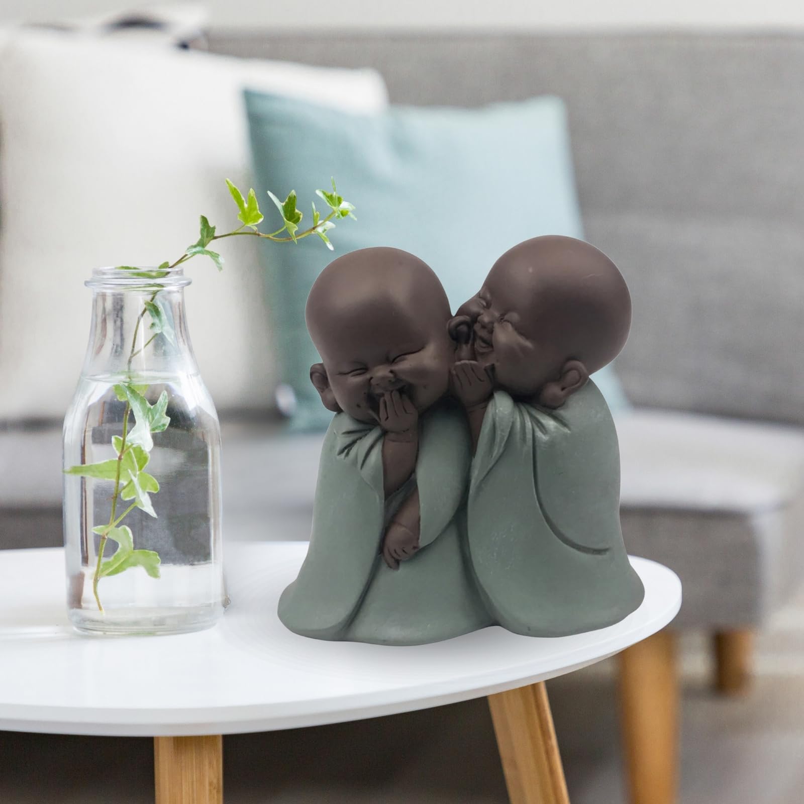 Statuetka Bonze - Uchwyt szczęścia - Dekoracja Zen i Feng Shui - aby stworzyć relaksującą i duchową atmosferę - Pomysł na prezent - wysokość: 12 cm - zielony i brązowy - Zen'Light