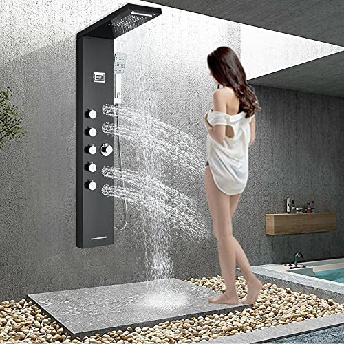 Sistema de Torre de Panel de Ducha de Acero Inoxidable con Lluvia, Cascada y Masaje por Chorros - Negro D miniatura 1