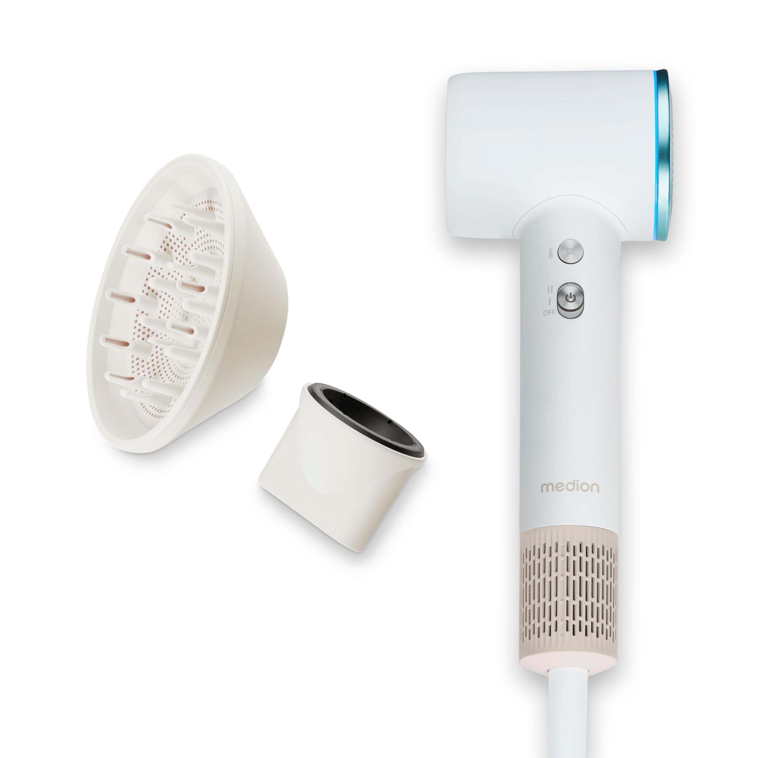 MEDION Föhn - Ionen Haartrockner mit Diffusor HD1 (1.600 Watt, Stylingdüse, magnetische Aufsätze, leise langlebiger BLDC Motor, LED Ringlicht, langes Netzkabel) Haarföhn in weiß