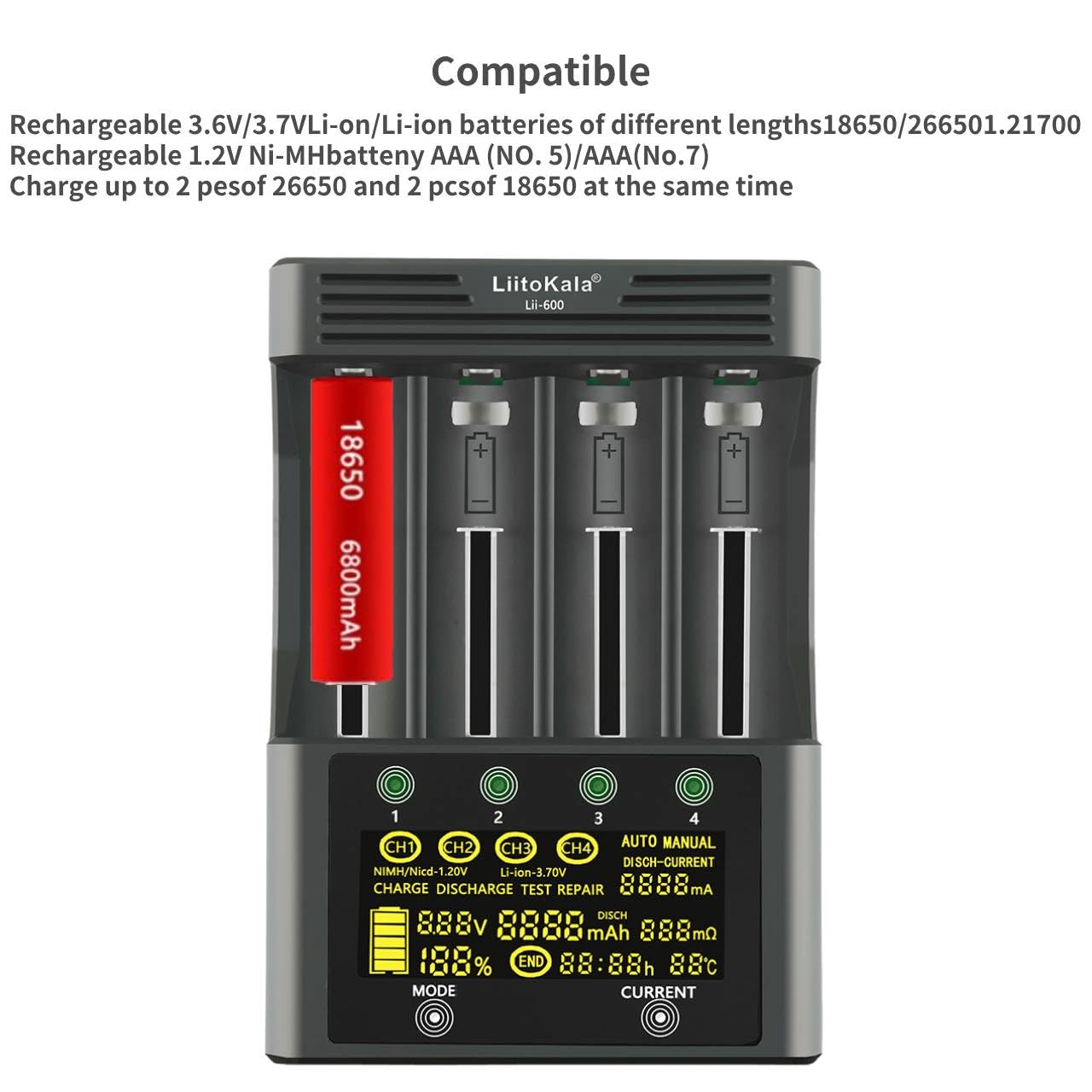 18650 LiitoKala Lii-600 ładowarka akumulatorowa, z wyświetlaczem dotykowym LCD, ładowarka do baterii AA z 4 gniazdami, w zestawie adapter 12 V5A do litowo-jonowych/NI-MH/NI-Cd 14500 21700 AA AAA itp