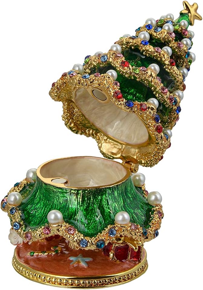 Golden Crystal Enameled Christmas Tree Jewelry Box, Hand-Painted Hinged Holiday Trinket Box, Elegant Home Décor & Unique Gift for Men & Women