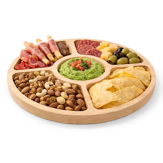 Petisqueira Gourmet Circular 5 Divisórias, Linhas Petiscar Premium em Madeira para Charcutaria - Golden