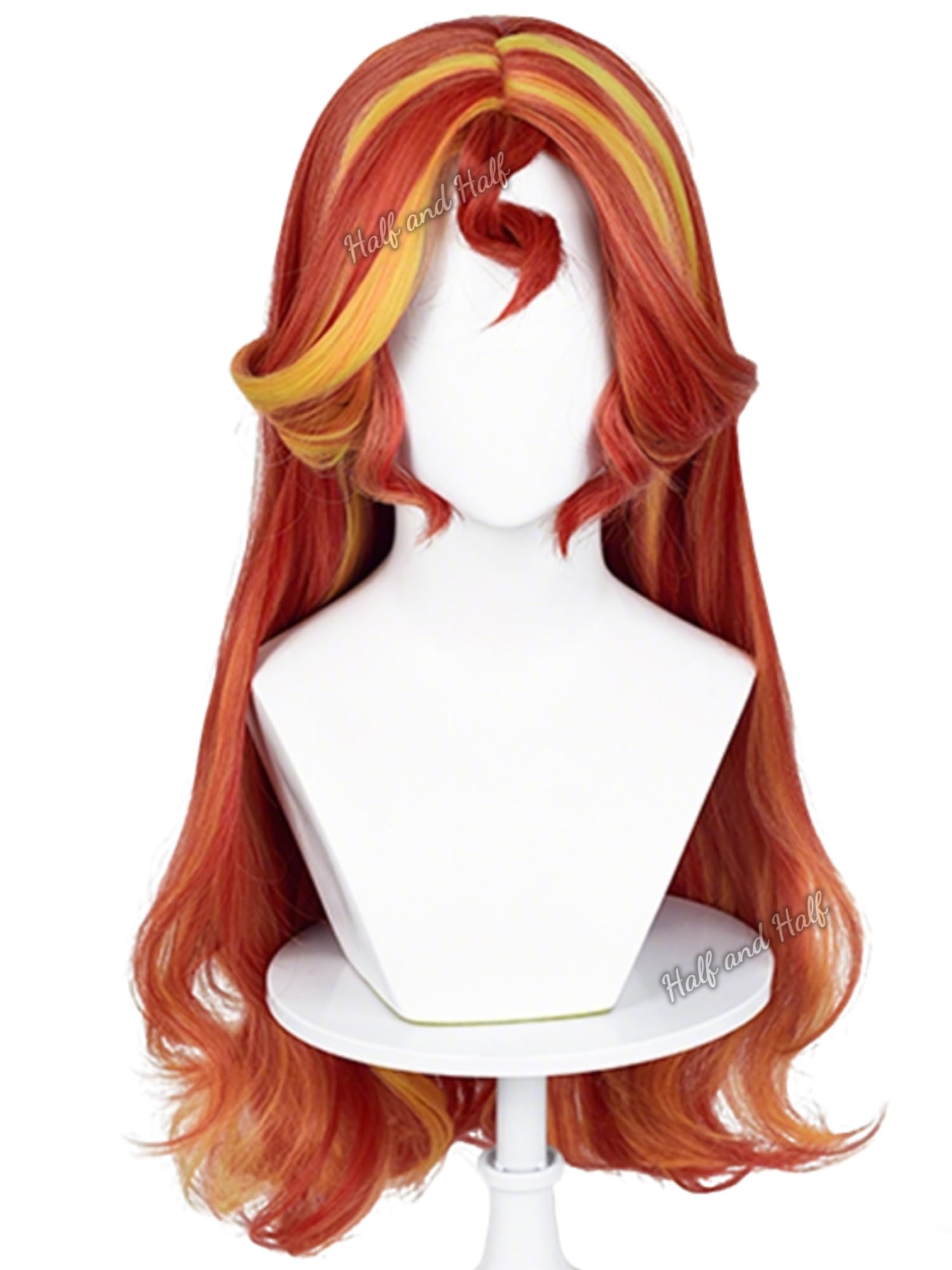 Half and Half Red Orange Yellow Pony Costume Wig Fire Wigs Long Curly Anime Pony Cosplay Wig for Women Halloween Party