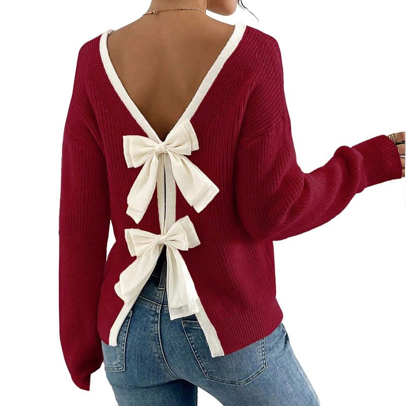 utcoco Womens Backless Bow Knit Sweater Long Sleeve Contrast Trim Crew Neck Loose Pullover Top for Fall Winter