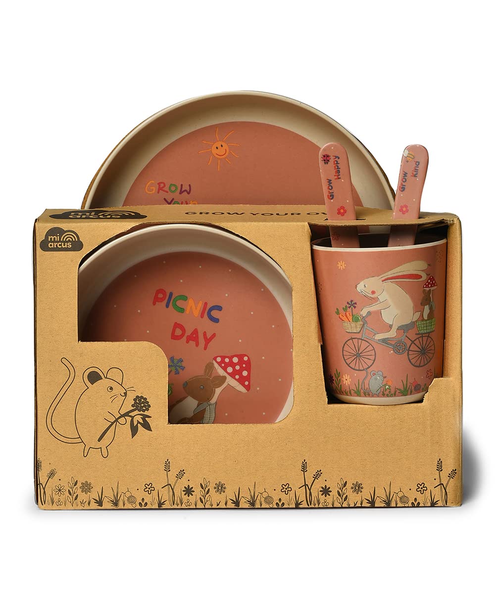 Mi Arcus Baby 100% Bamboo Dinner Set, Rat Print, Pack of 5,Plate,Bowl,Glass,Fork,Spoon - Brown, Suitable For Baby Boys Girls Kids Ages 6 Months+,Animal Print