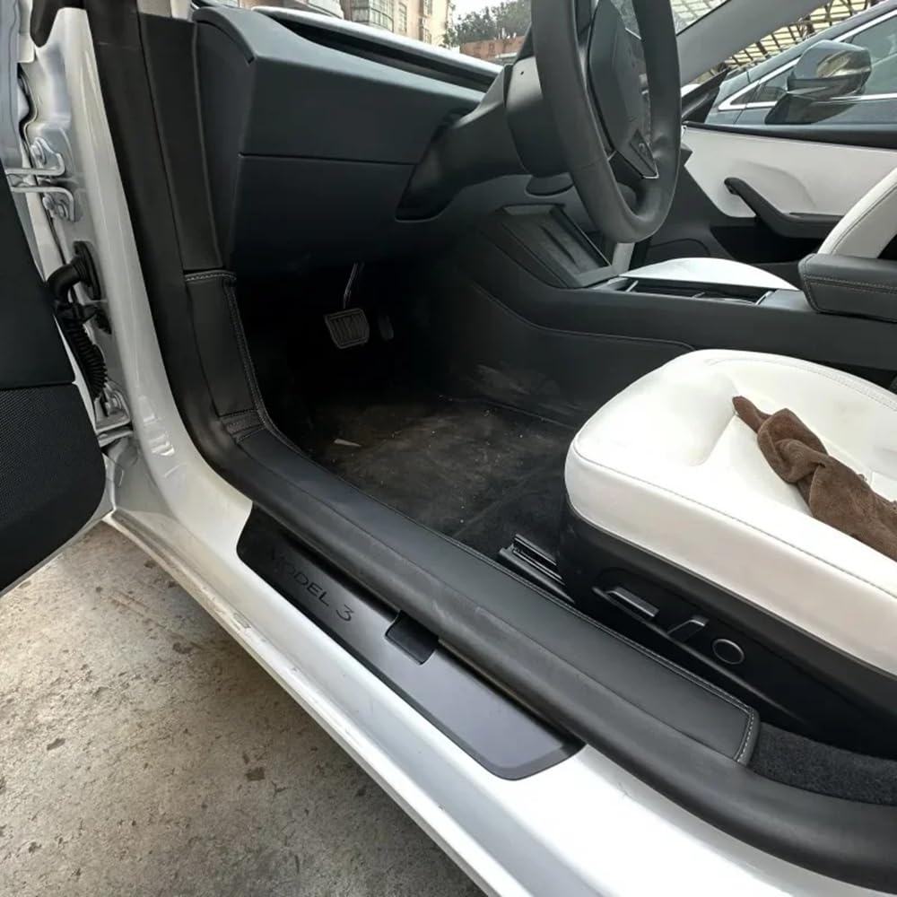 4 szt. Skórzane podkładki progowe przednie i tylne dla Tesla Model 3 Highland 2024, wkładka progowa z paskiem powitalnym, osłona progowa, ozdoba, akcesoria do drzwi Model 3+