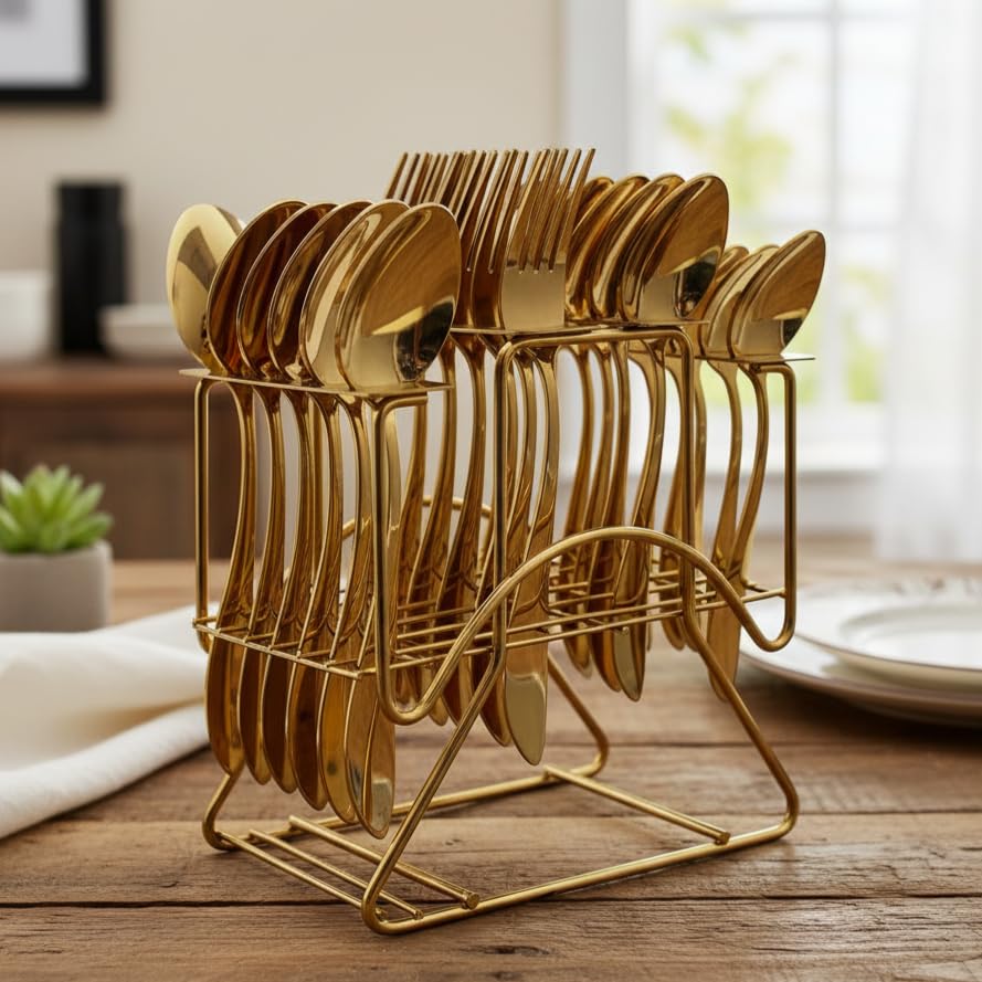 Italica Rose Gold Stainless Steel Cutlery Set of 24+1 Pieces with Stand | Rose Golden Polished Dining Table Premium Cutlery Set, Home & Kitchen with Gift Box | Elegant Kitchen & Home Dining Set.
