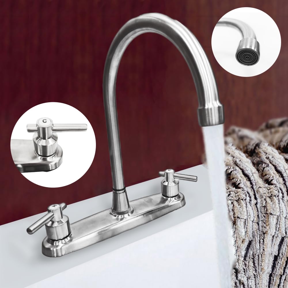 Grifo de cocina, grifo de fregadero de cocina no metálico de repuesto con dos asas, cuerpo principal de 8 pulgadas, arco alto, giro de 360 grados, repuesto para autocaravanas, remolques de