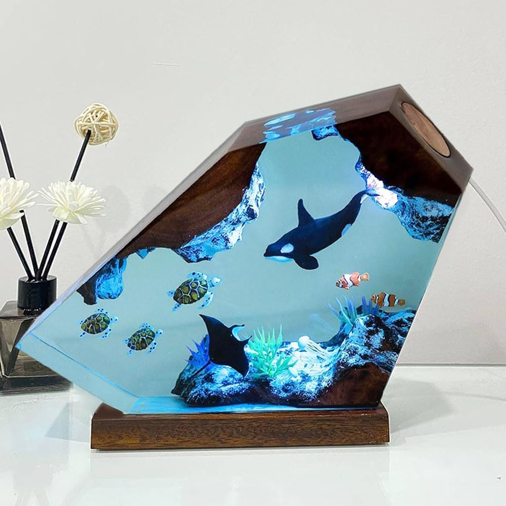 Lampa z żywicy oceanicznej Orca, ręcznie wykonana drewniana lampka stołowa, lampka nocna, port USB, ornamenty do dekoracji domu, biura, prezenty na urodziny, wyjątkowy prezent na Święto Dziękczynienia