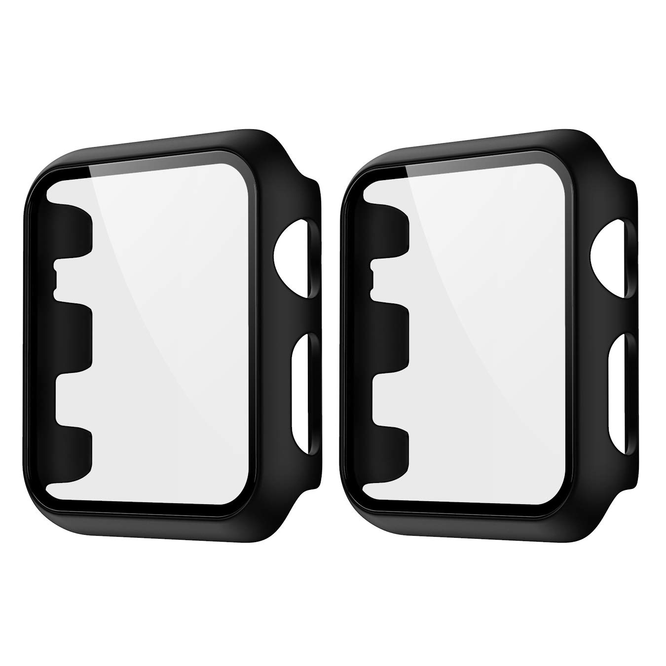 HANKN 2 Pack Matte Case Compatible with Apple Watch Series 3 2 1 Tempered Glass Screen Protector, Full Coverage Hard Pc Shockproof Iwatch Cover Bumper (Black/Black, 42mm)
